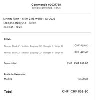 2x places assises / Sitzplatz LINKIN PARK Zurich - 30.06.26
