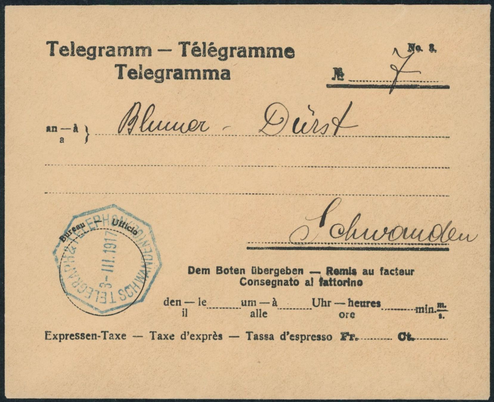 Tutti i francobolli: GL Schwanden - Telegraphenstempel - Brief – Usato da Schindellegi venduto da leecollect