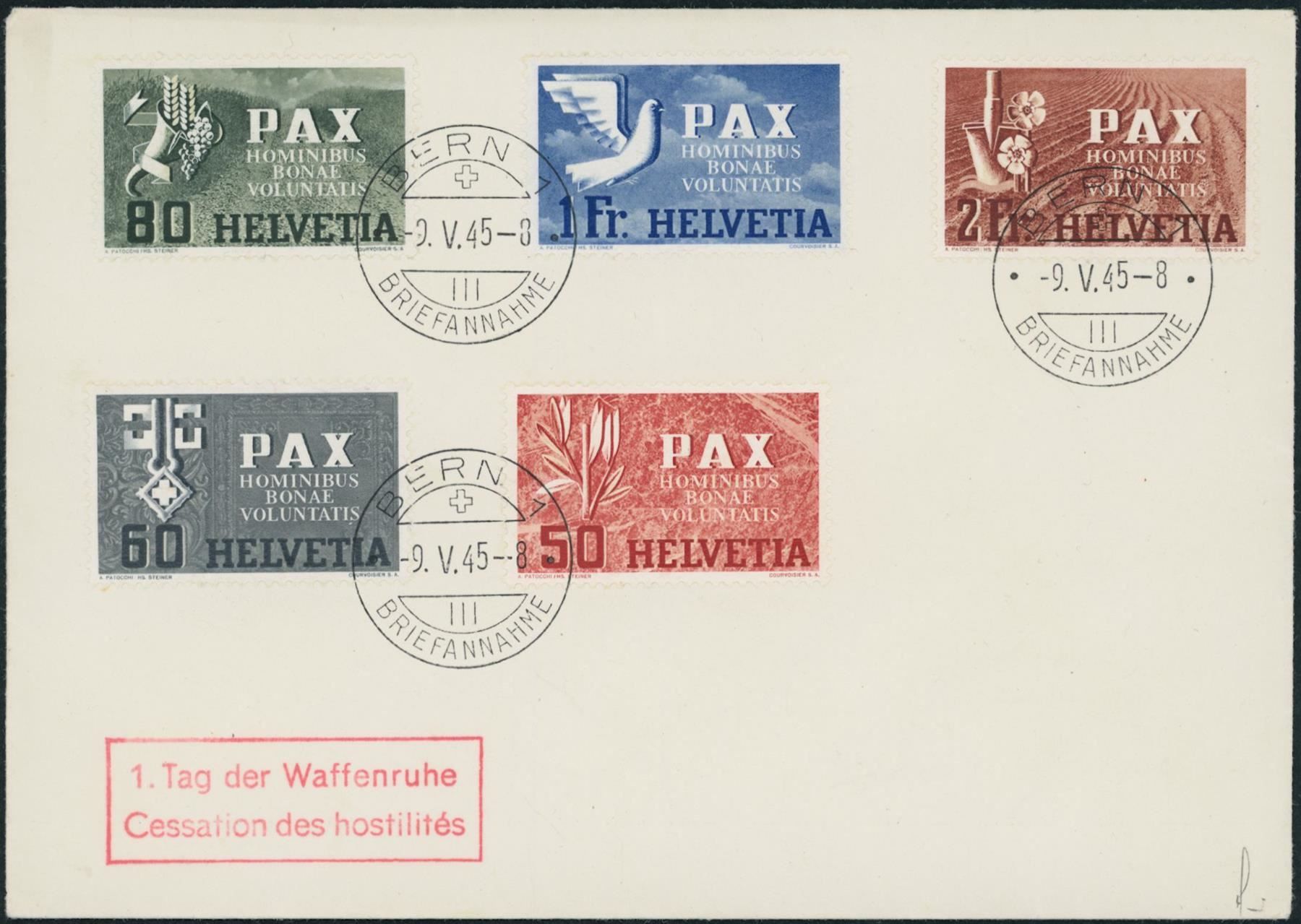 Tutti i francobolli: 1945 - Waffenstillstand - PAX - FDC – Usato da Schindellegi venduto da leecollect 1