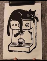  affiche noir et blanc motif chat et café
