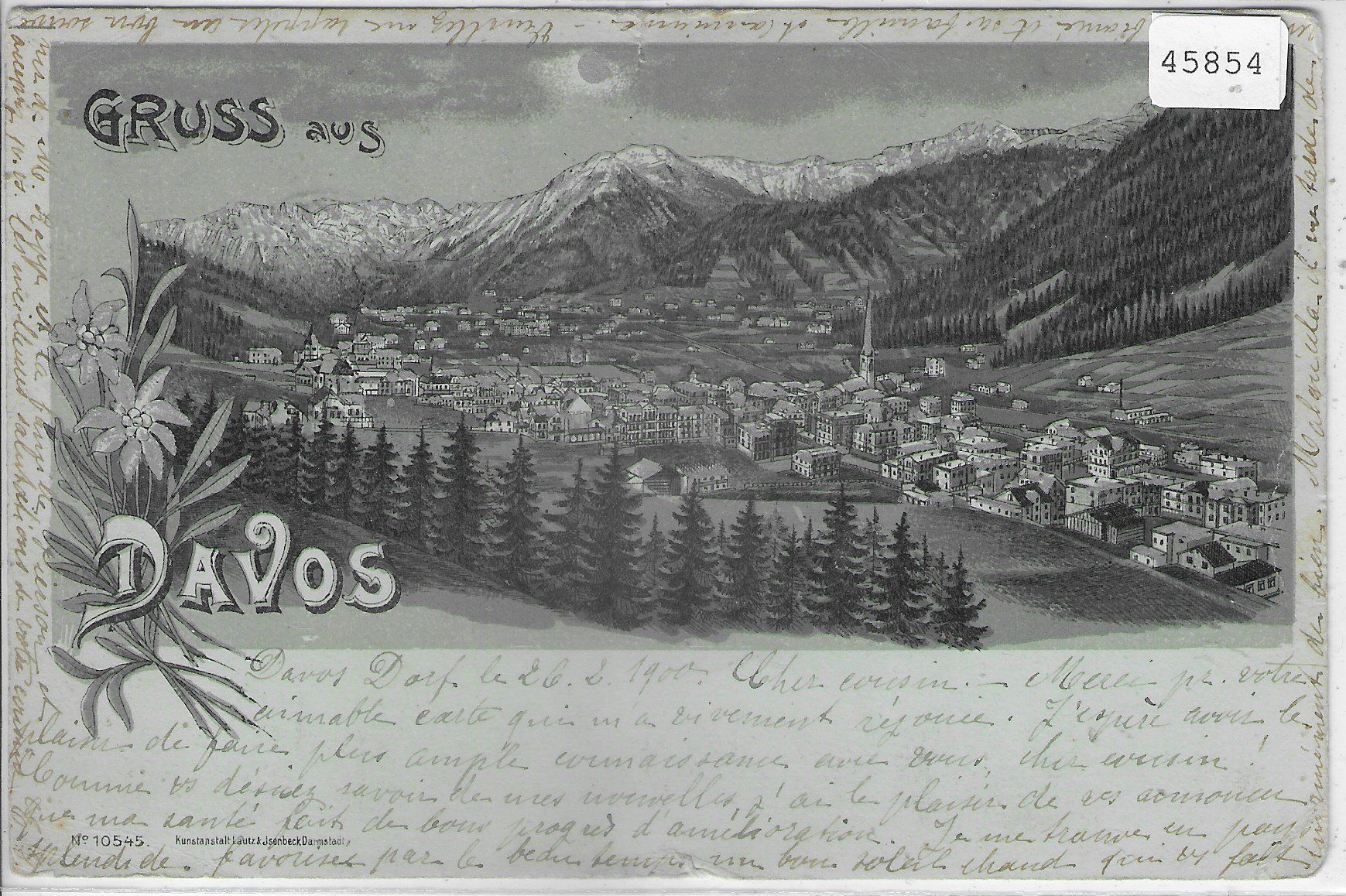 Cartoline postali: Gruss aus Davos - Mondschein-Litho – Difettoso da Ettingen venduto da Kartenplanet