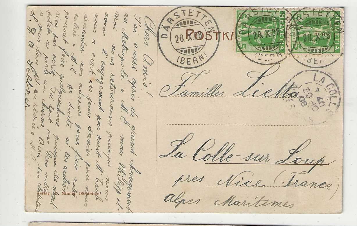 Ansichtskarten: Därstetten, Simmental, 1908 – Gebraucht aus Spiez von Niesen20 1