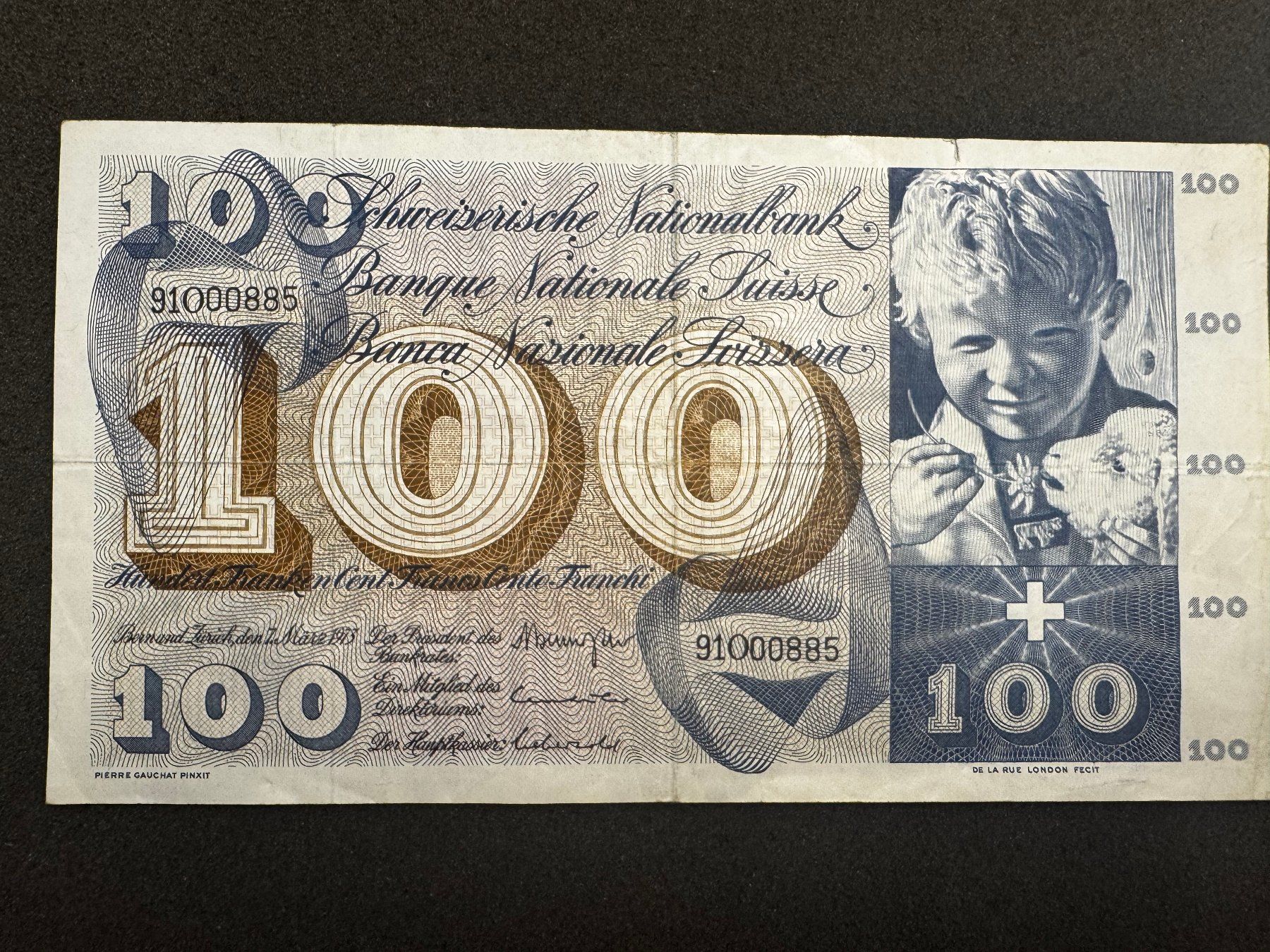 Banknoten: 100 Franken Banknote St. Martin 1973 - 885 – Gebraucht aus Reitnau von tb-muenzen
