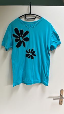 Turquoise T-Shirt with Floral Appliqués