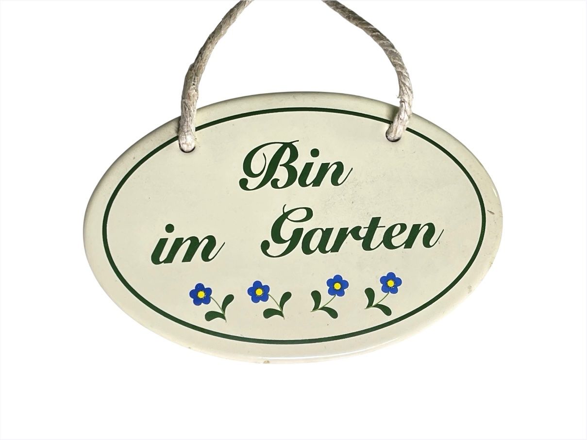 Insegne: Emaile Gartenschild "Bin im Garten" oval Creme mit Blumen – Usato da Luzern venduto da woti-shop 4