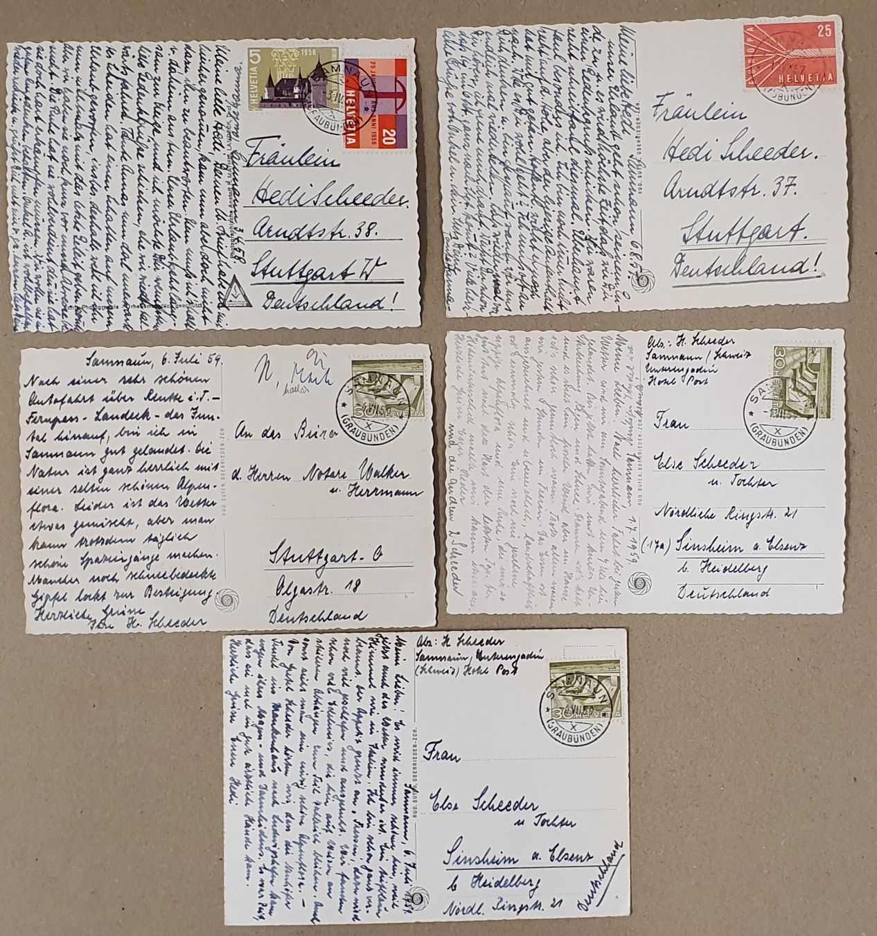 Ansichtskarten: 5 Ansichtskarten Samnaun 1959 – Gebraucht aus Kreuzlingen von Rschweiz1 1