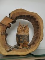 Eule Holzschnitzerei in Baumstamm Naturholz guter Zustand