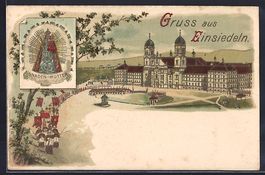Litho Einsiedeln, Kloster mit Prozession
