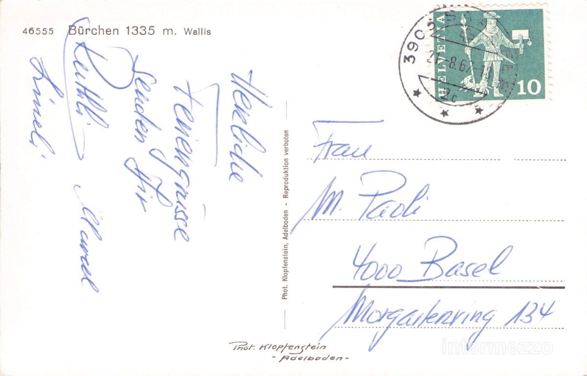Cartoline postali: Bürchen VS // 1967 Kirche Dorf 1335 Meter – Usato da Basel venduto da intermezzo12 1