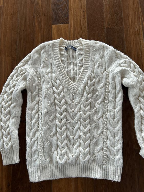 Zara Damen Perlenpullover, Zopfmuster, Winter, Beige, S (D
