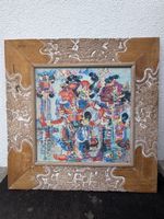 Tableau Balinais, huile sur toile, cadre en bois sculpté XL