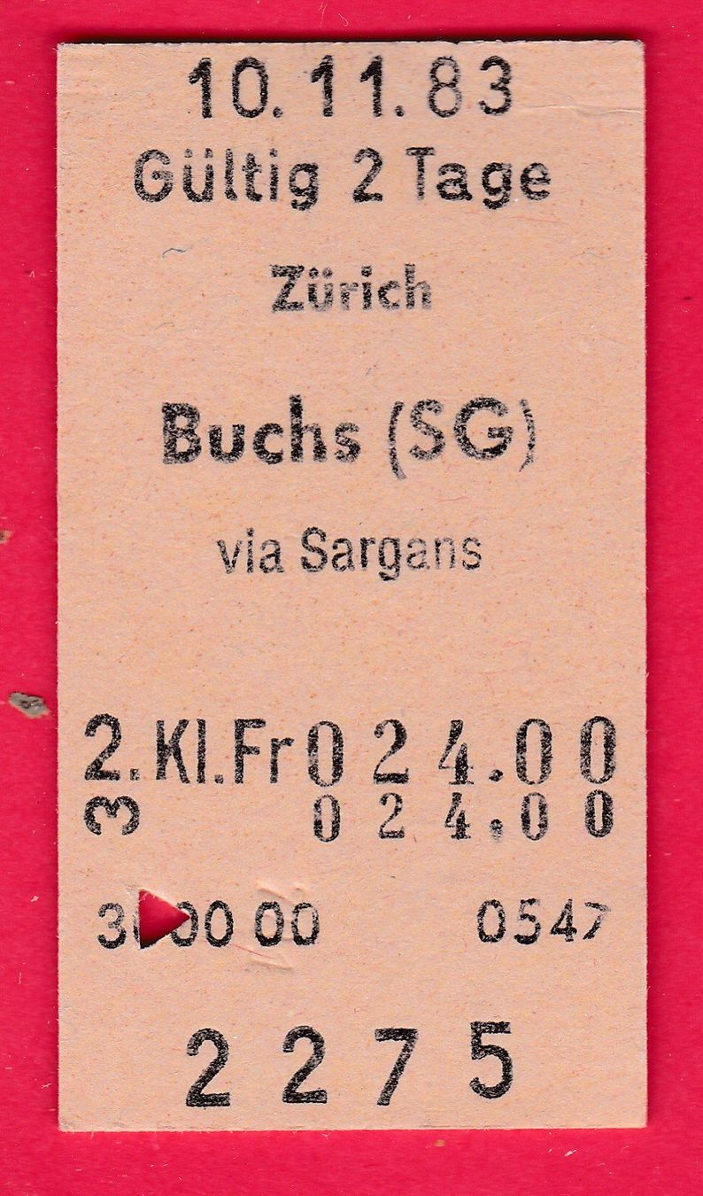 Biglietti: KARTON BILLETT, ZÜRICH - BUCHS(SG), 2.KLASSE, EINFACH – Usato da Oberrieden venduto da Gebirgsstelze