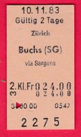 KARTON BILLETT, ZÜRICH - BUCHS(SG), 2.KLASSE, EINFACH