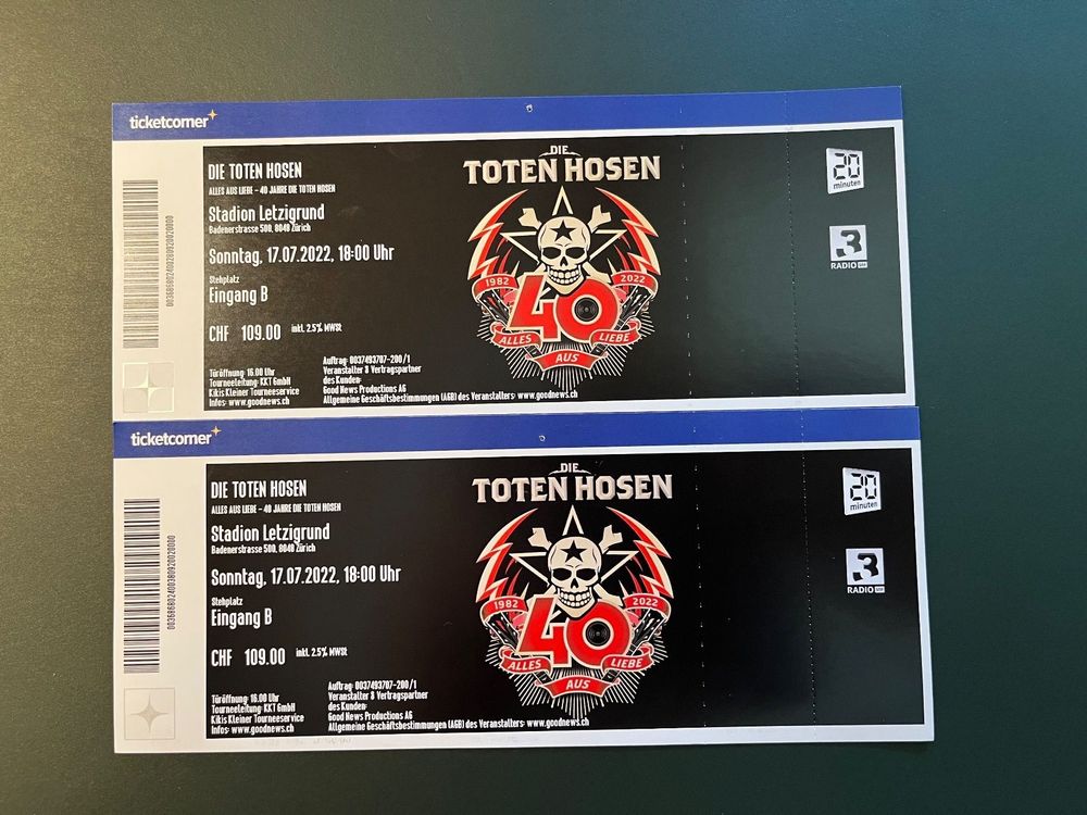  Tickets - Die Toten Hosen -Zürich - Letzi- Juli 22 