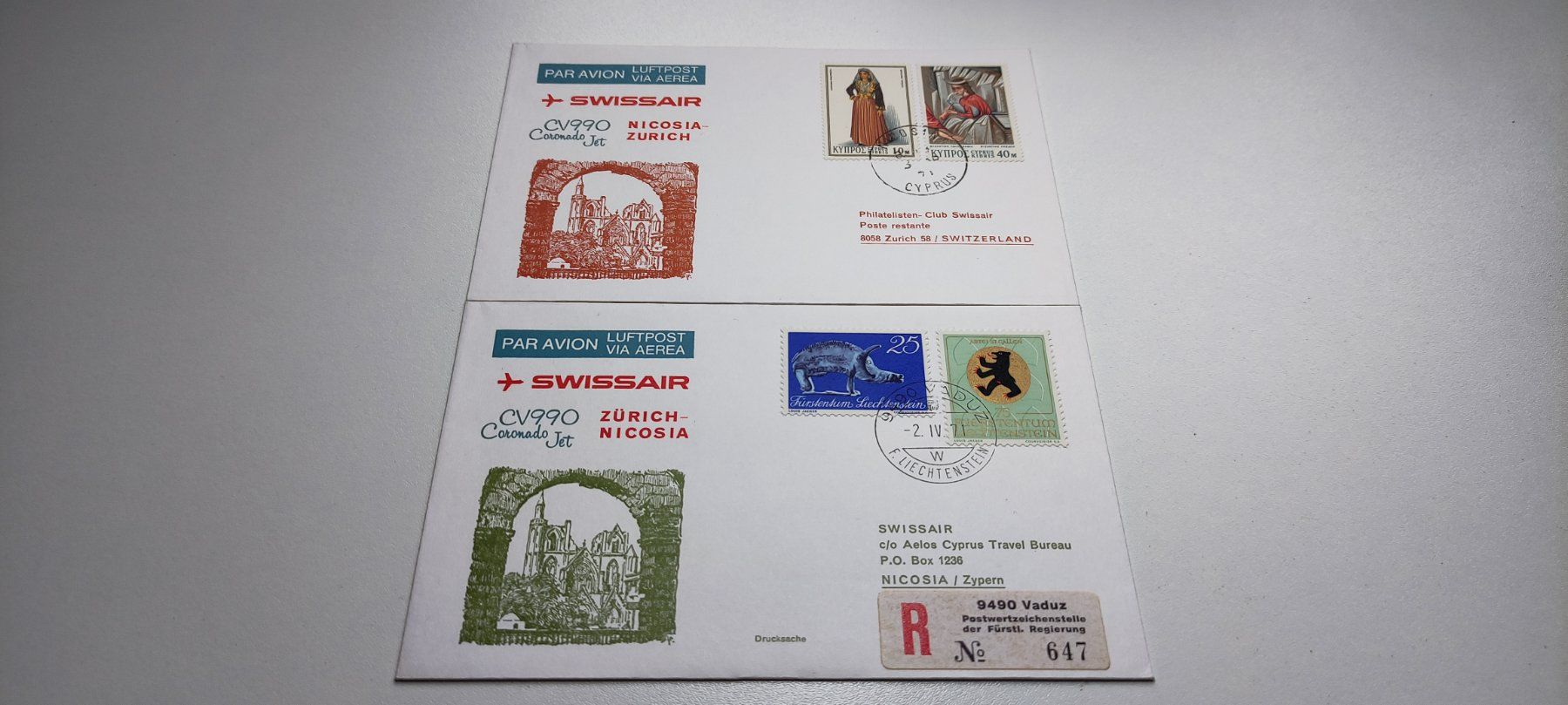 Alle Briefmarken: 2x Ersttagsbrief Swissair 1971 – Gebraucht aus Baar von Maxlee75