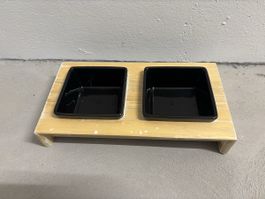 Pet food bowl, black porcelain bowls in wooden holder