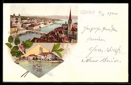 Künstler-AK Zürich, Ortsansicht an der Limmat mit Grossmünst