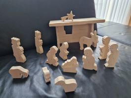 Holz-Krippe, 15-teilig, massiv Holz natur, Weihnachten (50)