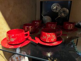 Japon- 6 tasses à thé/café laquées rouges