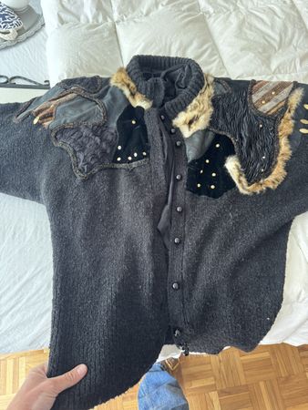 Cardigan laine et cuir vintage - Taille M - Bohème chic