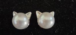 Boucles d'oreilles perles et chats argent 925 bon état