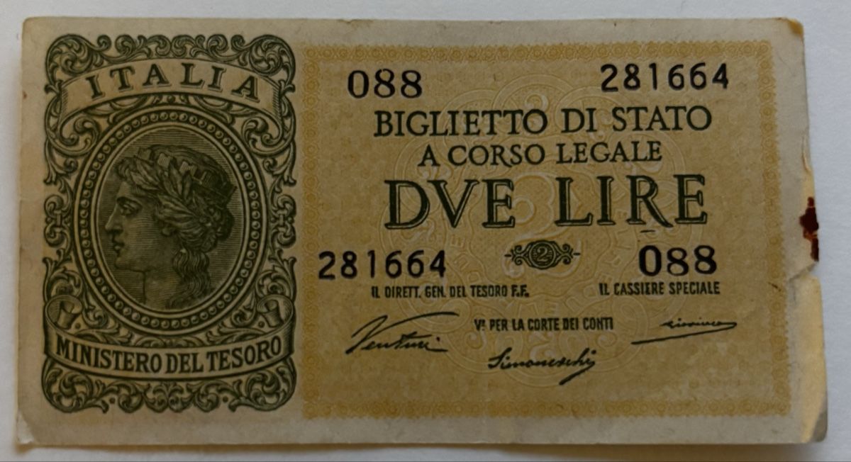Banconote: Italien 2 Lire 1944 – Usato da Algetshausen venduto da Carrhard