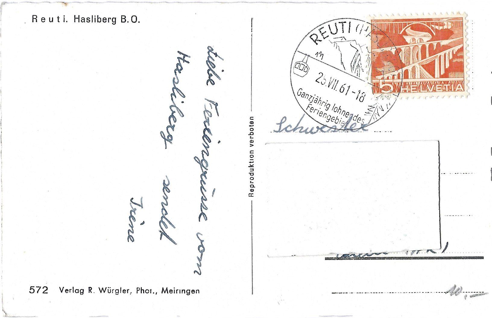 Cartoline postali: R e u t i.  Hasliberg  B.O. – Usato da Bütschwil venduto da Jackson1A 1