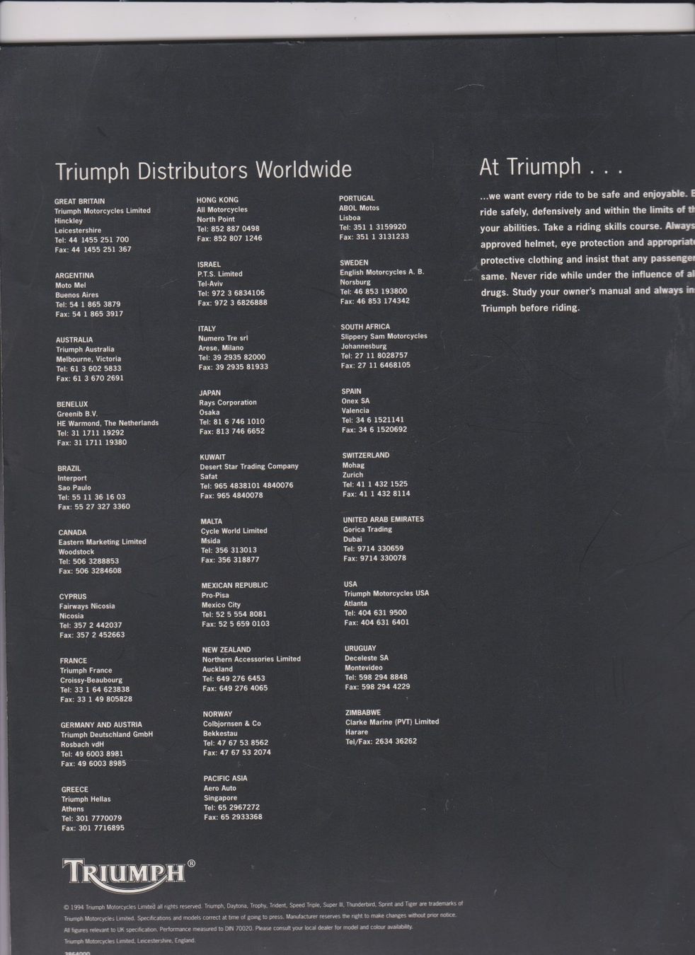 Triumph Documenti: Prospectus moto Triumph - 1994 ? – Usato da Bex venduto da Canouille 1