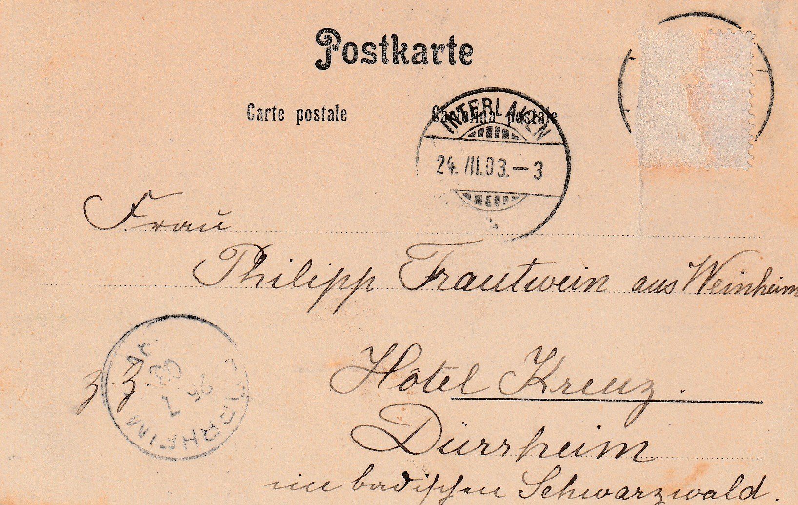 Cartoline postali: AK - Interlaken - gel. 24.7.1903 – Usato da Fribourg venduto da schnalla92 1