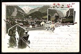 Lithographie Interlaken, Totalansicht, Gemse, Staubbach, Gie