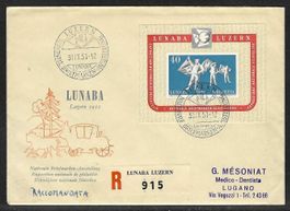 1951, W32, Block Lunaba auf illustriertem R-Brief (15884)