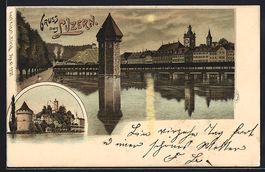 Lithographie Luzern, Kapellbrücke, 1899