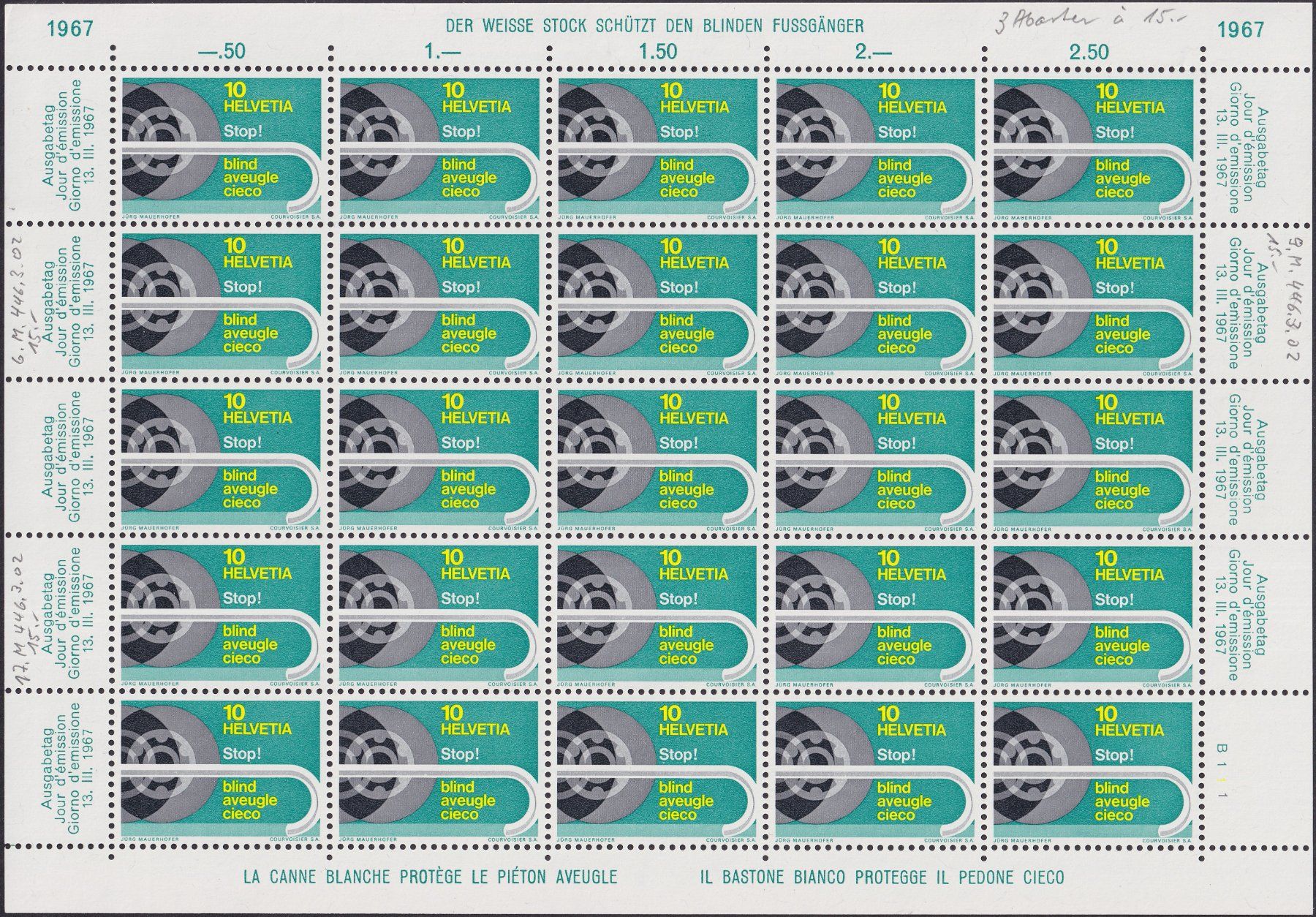 Tutti i francobolli: 1967 Nr.446, postfrischer Kleinbogen mit Abarten, Kat: 60.- – Usato da Sursee venduto da Luzernerraute