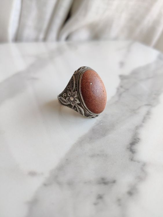 Bague Ancienne En Argent Et Agate Orange - Taille Réglable - Poinçon Crabe - Vintage