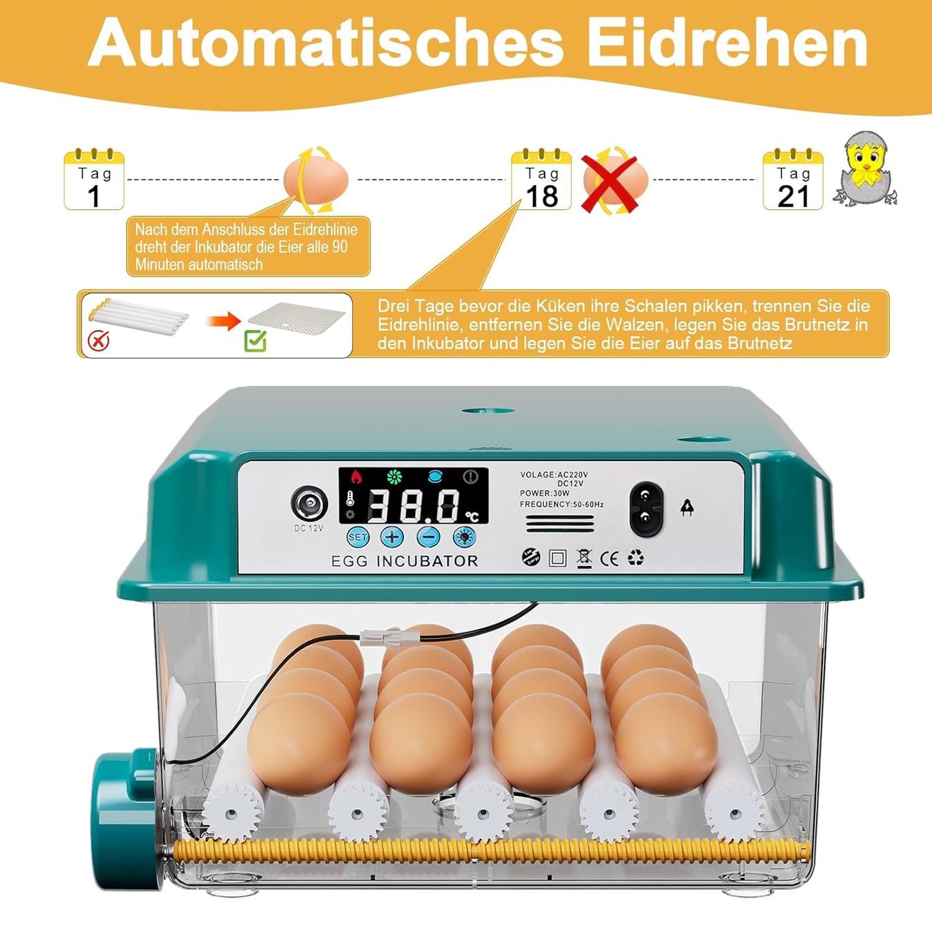 Sonstiges Tierzubehör: Brutautomat kompakt 16 Eier Inkubator mit Eierwende – Neu und originalverpackt aus Wittenbach von SELVARO 3