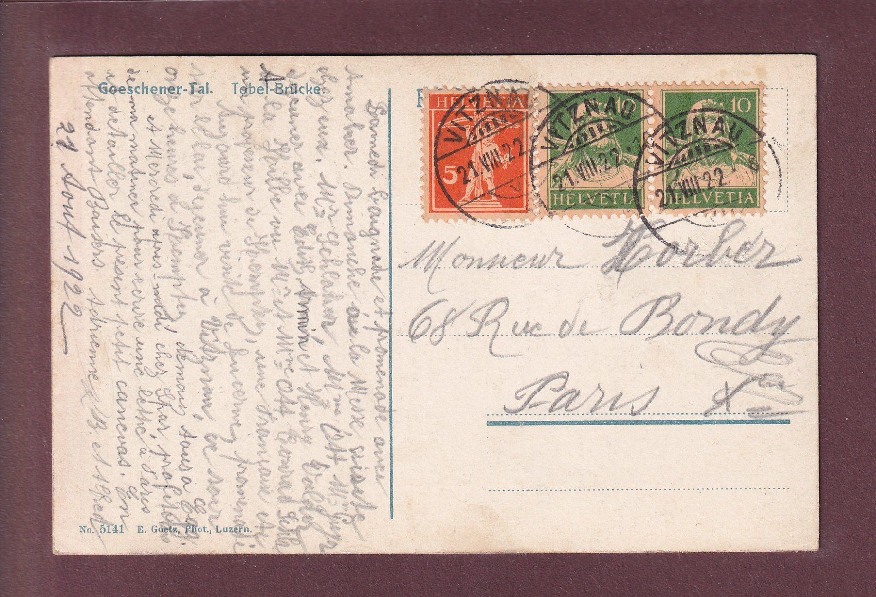 Cartoline postali: Goeschener Tal - TOBEL-BRÜCKE - 1922 – Usato da Pully venduto da nicecards 1