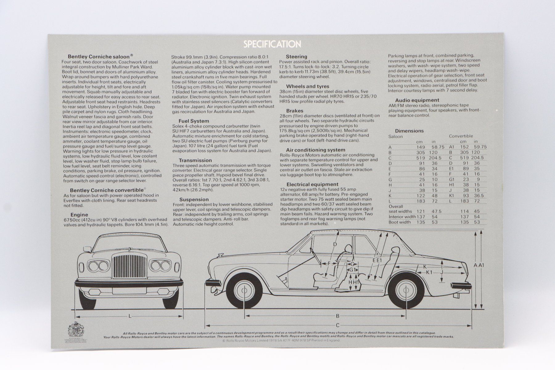 Bentley Documents: Bentley Corniche 1978 Prospektblatt – D'occasion à Bühl b.Aarberg par Collectorpassions 1