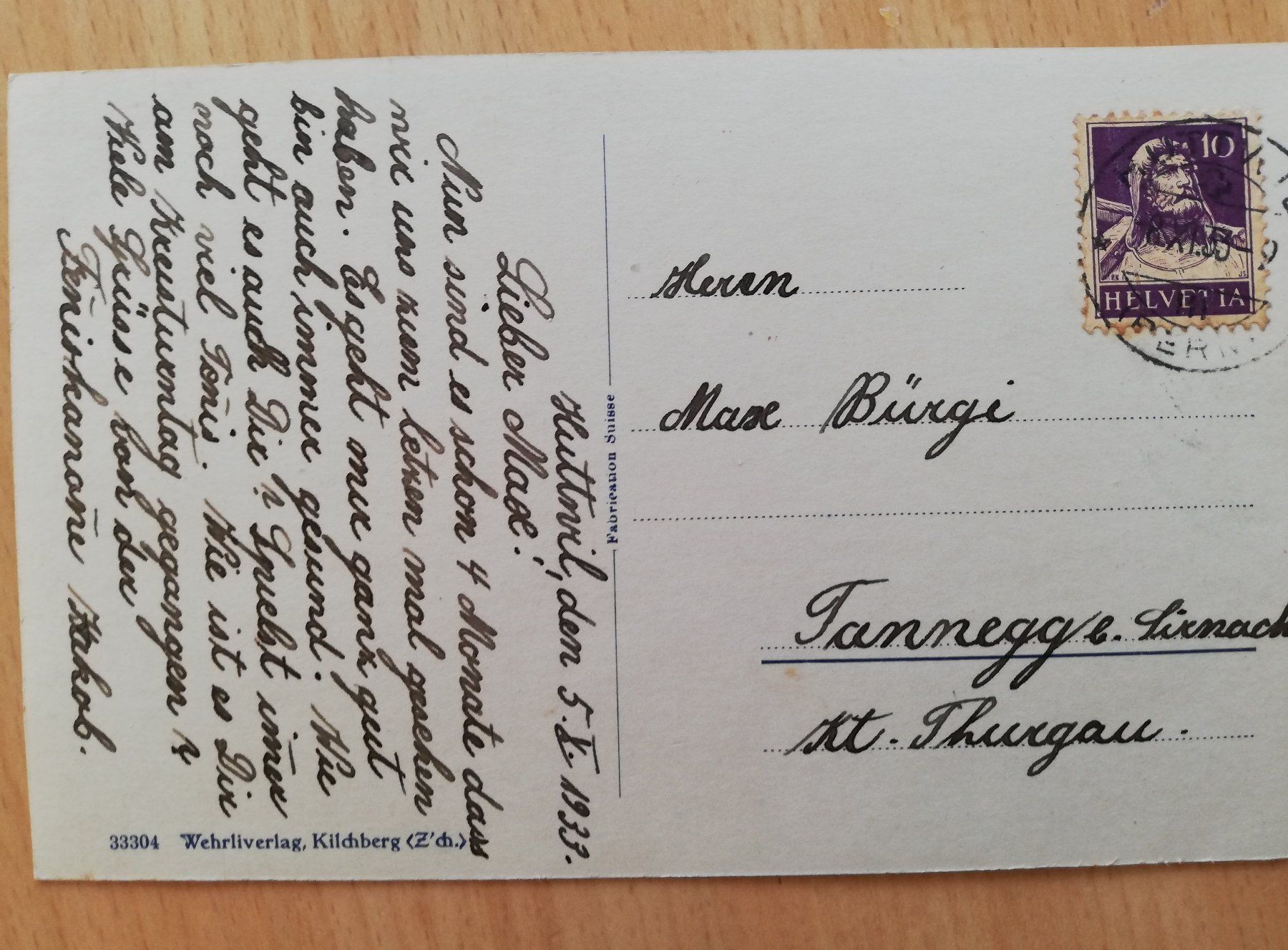 Ansichtskarten: Huttwil 1933 – Gebraucht aus Hildisrieden von Malve 1