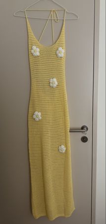 Kleid gehäkelt Blumen gelb lang Grösse L