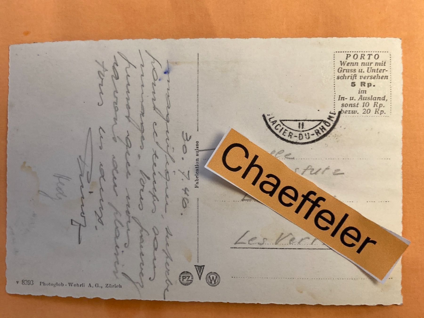 Cartoline postali: 1946 Gletsch gegen den Rohnegletscher – Usato da Zürich venduto da Chaeffeler 1