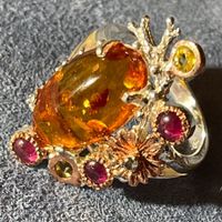 Natural African Red Amber & Ruby Asymmetric Gold 925SS Ring