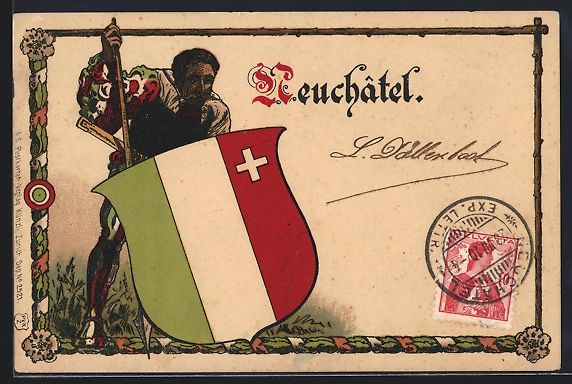 Cartoline postali: Litho Neuchatel, Ritter mit Wappen, 1910 – Usato da Berlin venduto da bartko-reher