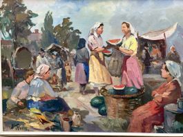 Original  Gemälde Marktgeschehen, Öl a. Lwd. 88x68cm