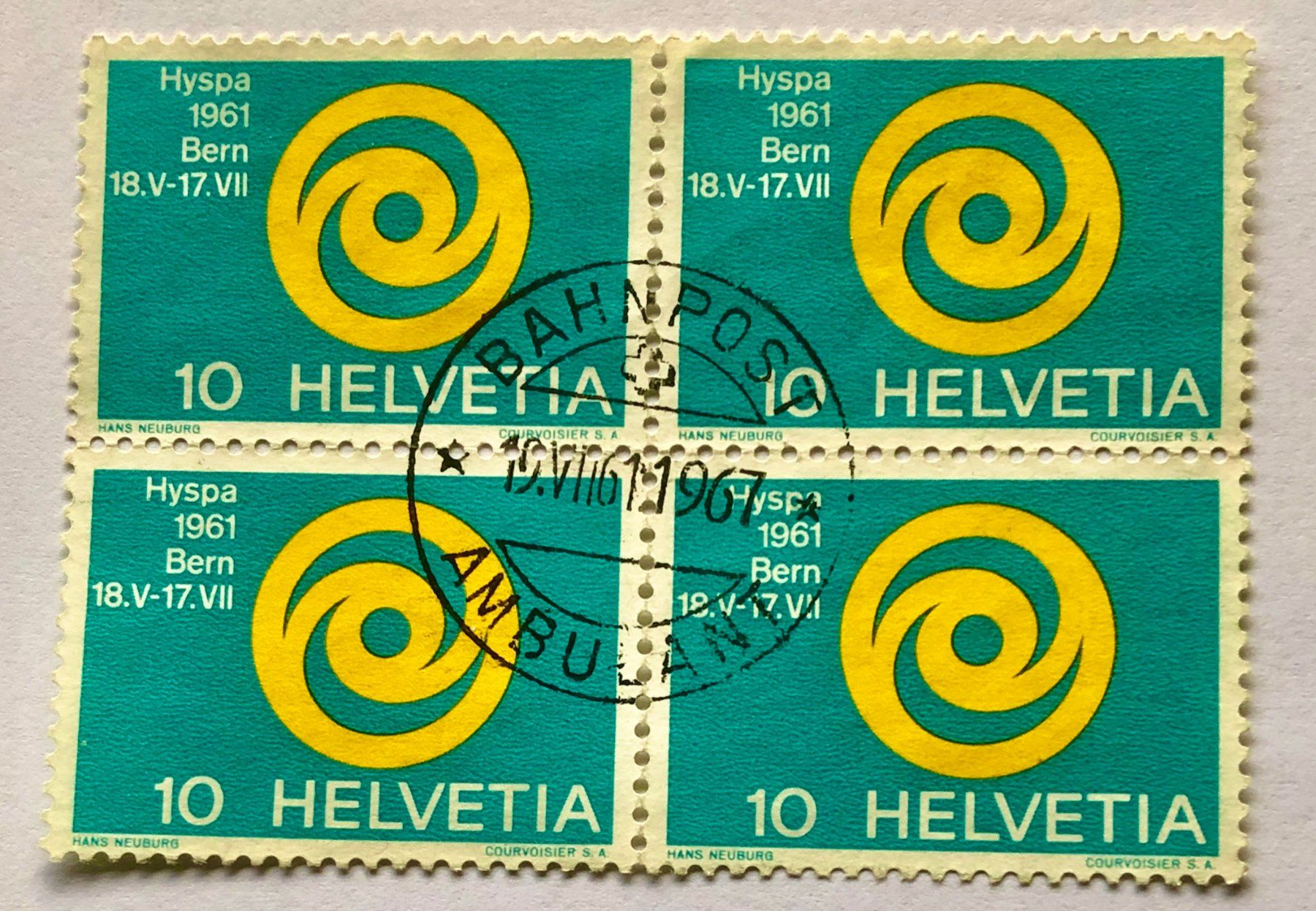 Tutti i francobolli: 4er Block Nr.376 Stempelt Bahnpost  1961    – Usato da Aarau venduto da Billa007