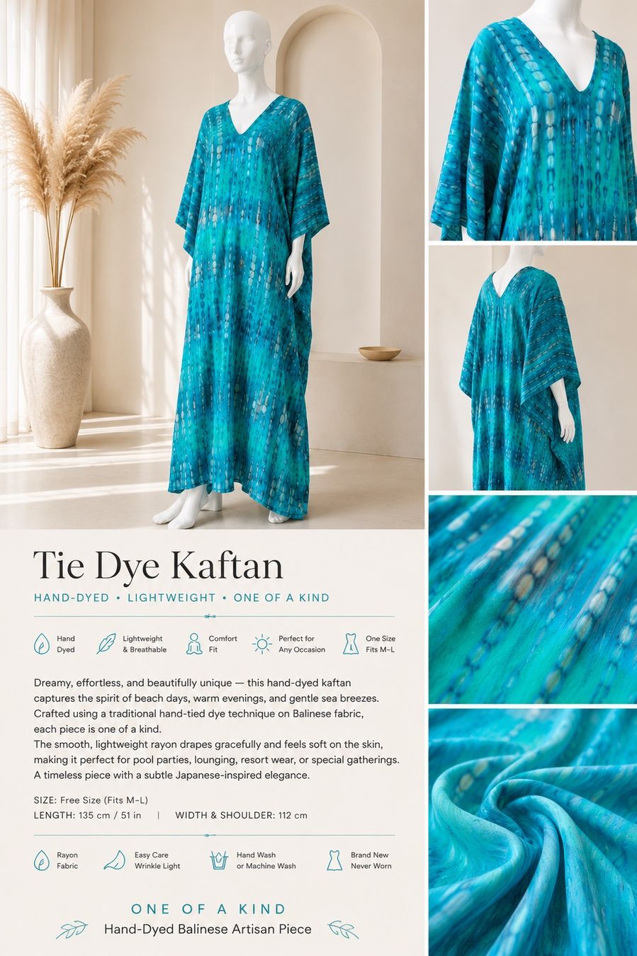 Vestiti: TURQUOISE TIE DYE KAFTAN Effortless Resort Elegance – Nuovo (secondo la descrizione) da Zürich venduto da Souljunic