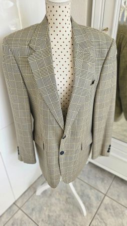 Herren Sakko 48 Beige/Blau/Gelb kariert Blazer Schild