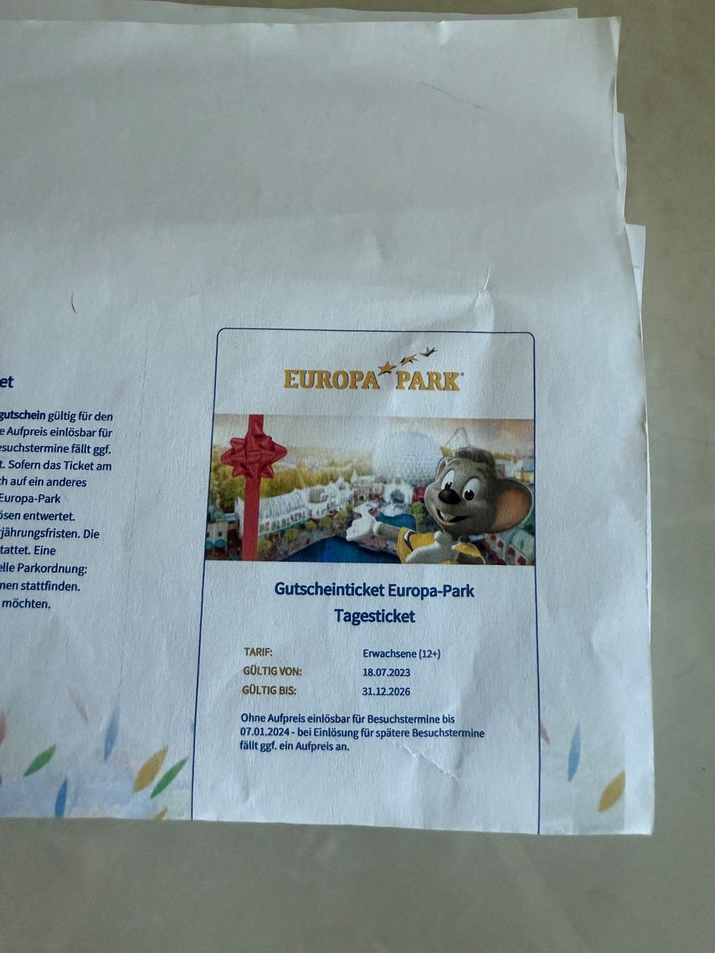 Billets: Europapark Ticket – D'occasion à Hagenbuch ZH par PascalSahli