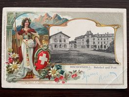 BISCHOFSZELL Prägekarte, Bahnhof & Post, Helvetia, 1909