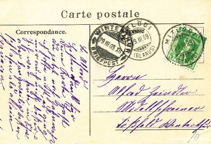 Cartoline postali: Klöntalersee - am ... + 1909 – Usato da Emmenbrücke venduto da teestube 1