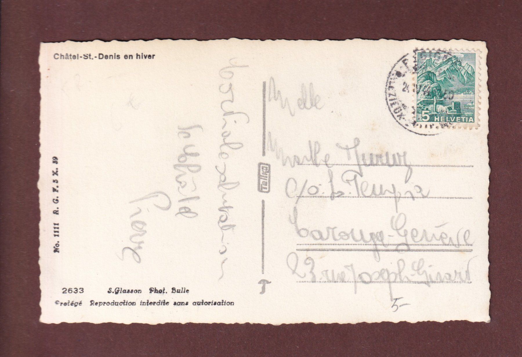 Ansichtskarten: CHÂTEL-ST.-DENIS en hiver - 1944 – Gebraucht aus Pully von nicecards-shop 1